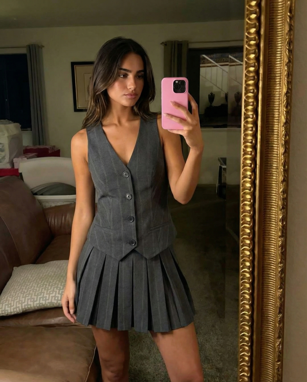 Pleated Two Piece Gilet and Mini Dress Set for Women