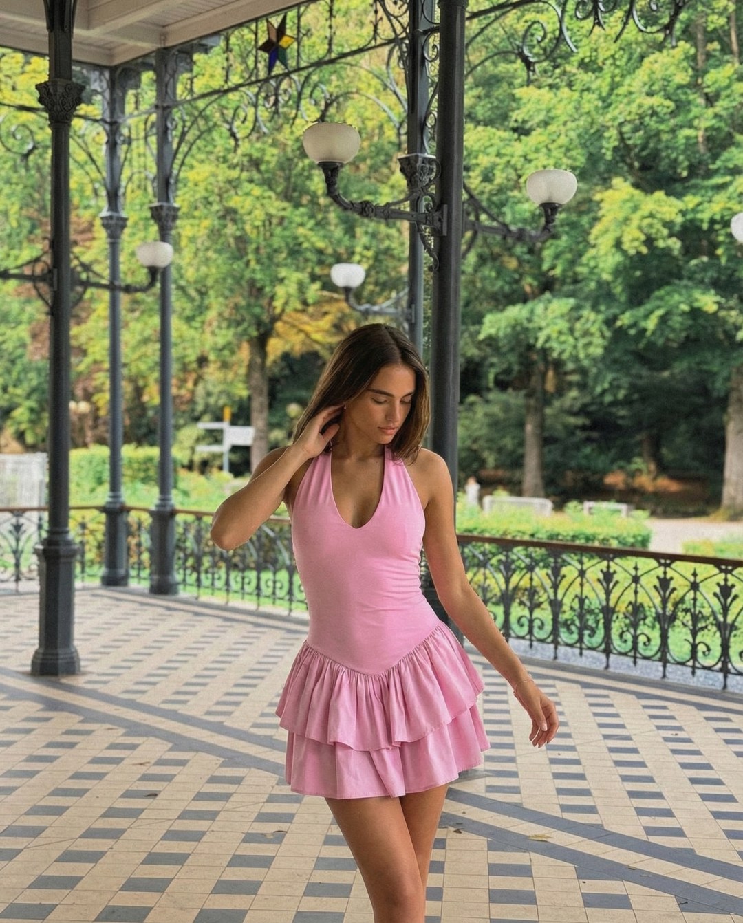 Tiered Ruffle Mini Dress with Halter Neck for Women