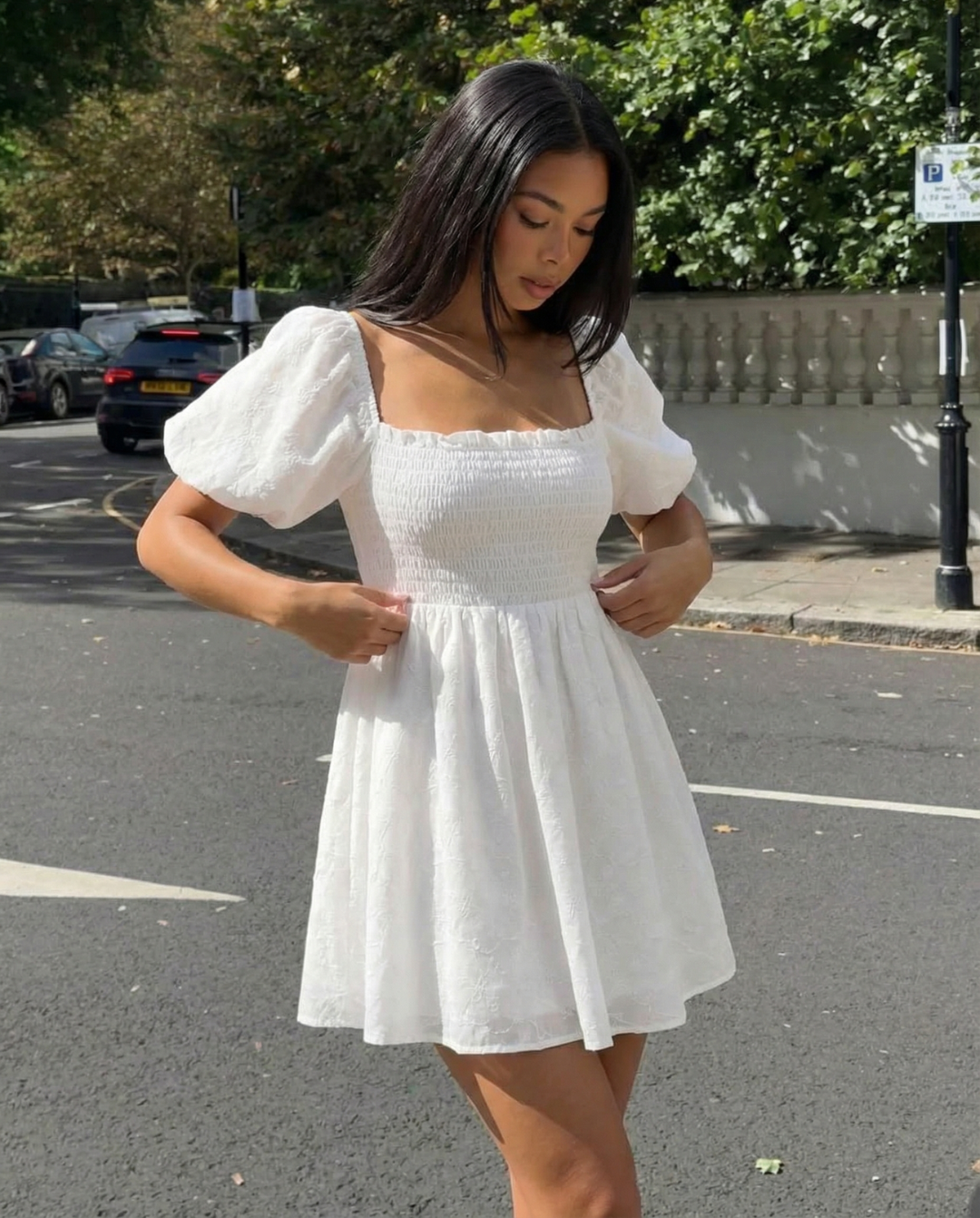 Smocked Mini Dress with Puff Sleeves for Women