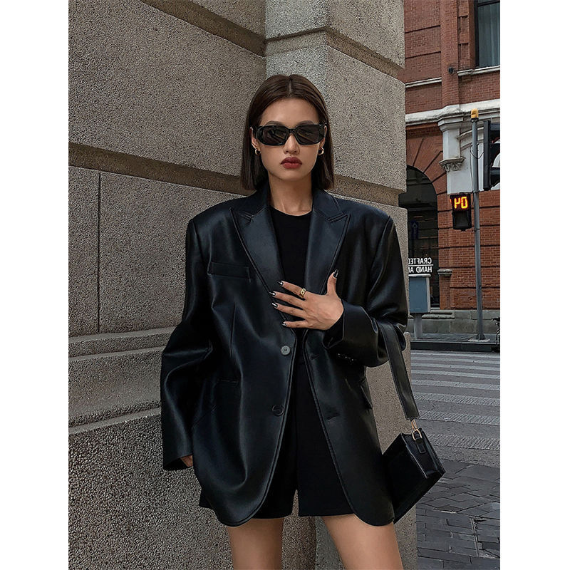 Faux Leather Oversized Blazer for Women