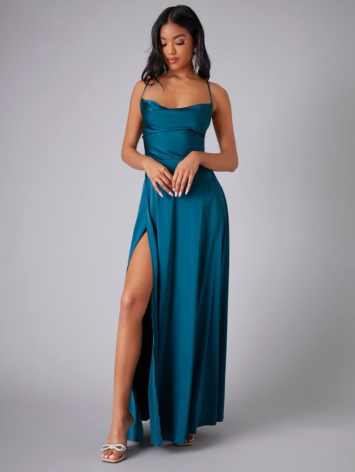 Satin Cowl Neck Backless Slit Maxi Dress for Women