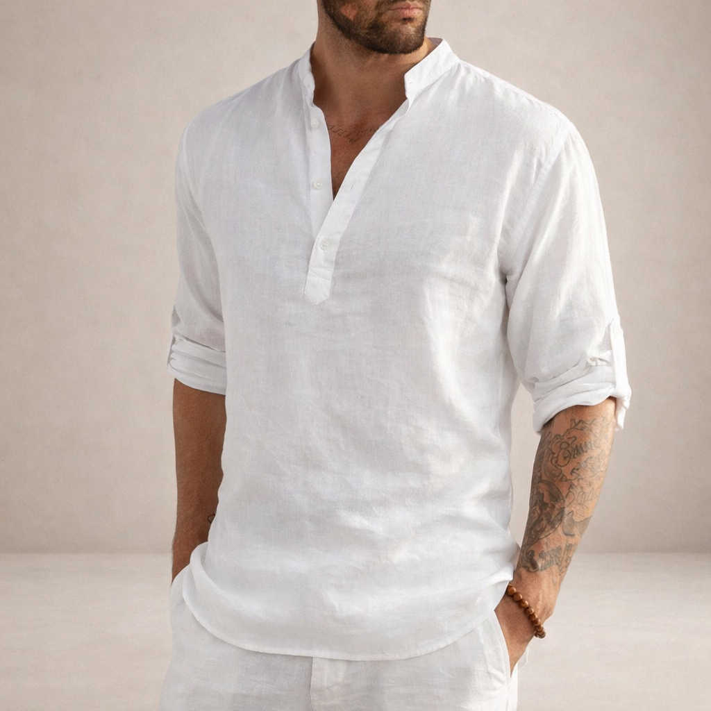Linen Stand Collar Long Sleeve Shirt for Men