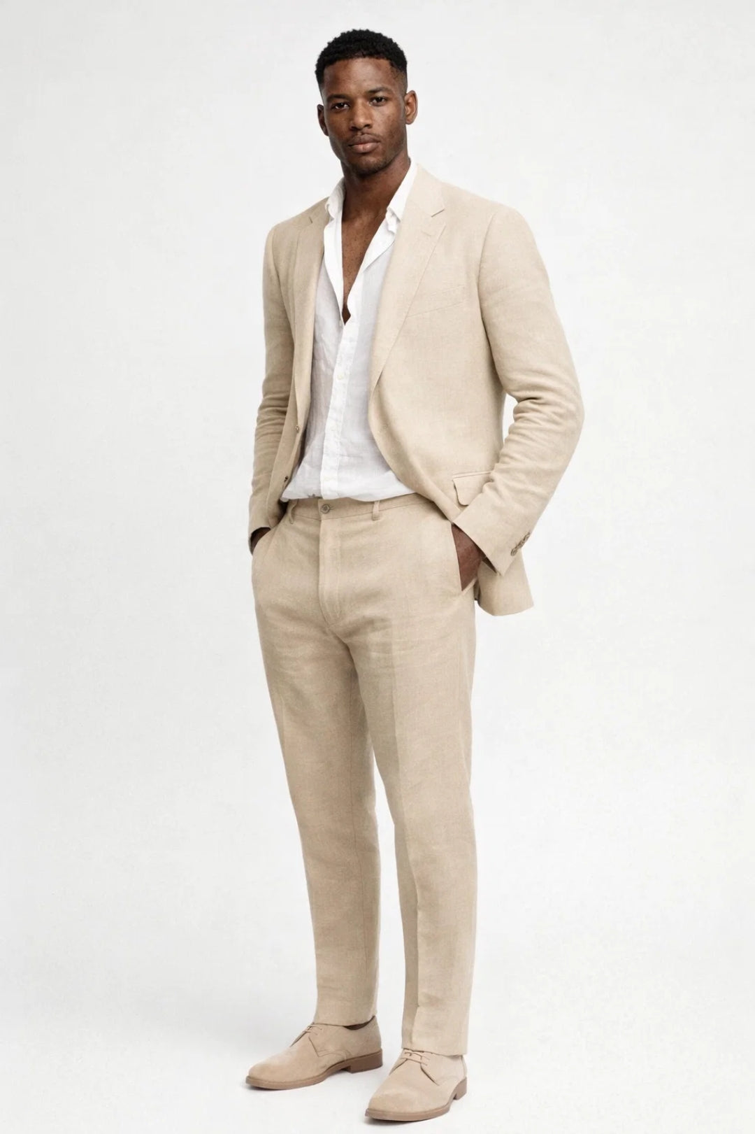 Linen Suit Set with Notch Lapel Blazer and Straight Leg Trousers for Men