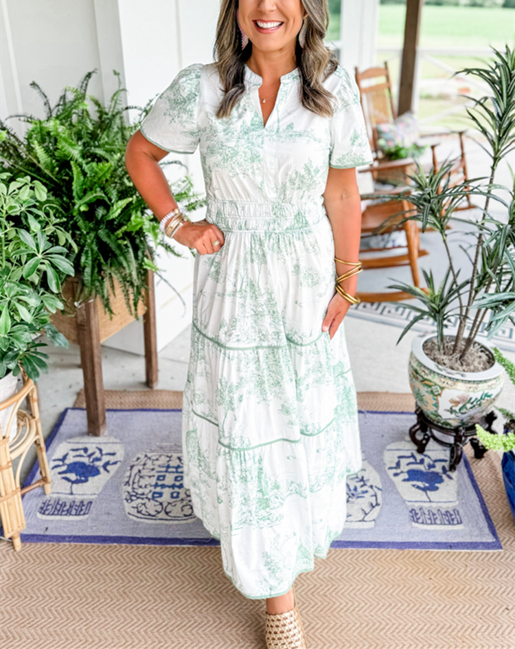 Toile Print Short Sleeve Wedding Guest Maxi Dress for Women