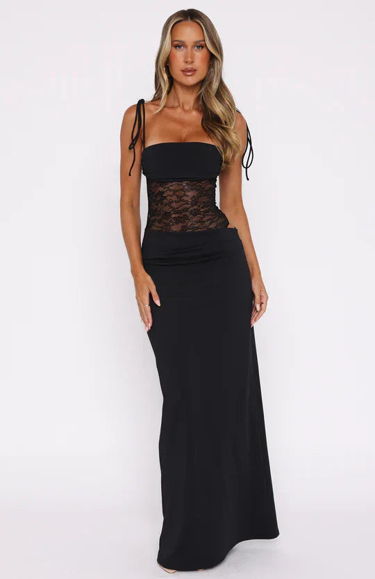 Lace Corset Maxi Dress with Tie-Shoulder Straps for Women - Czarny
