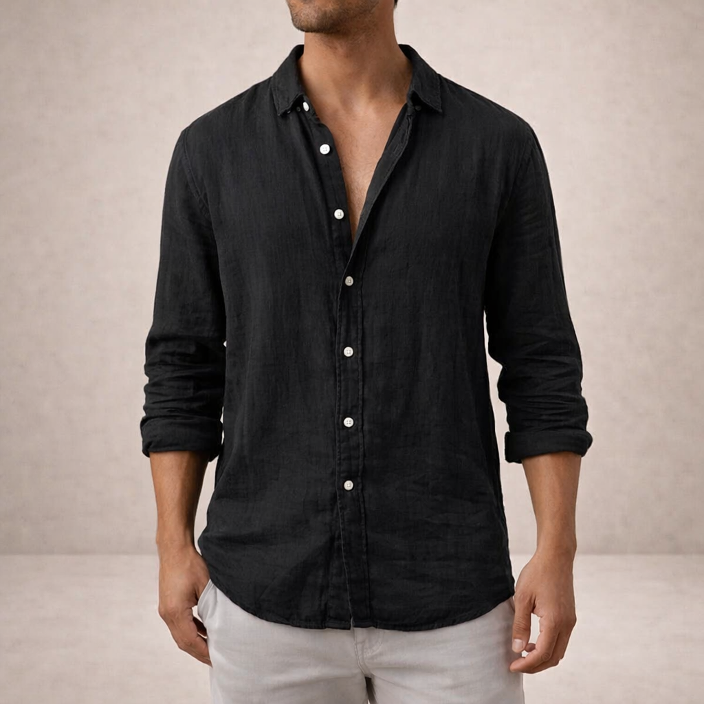 Linen Long Sleeve Shirt with Open Collar for Men