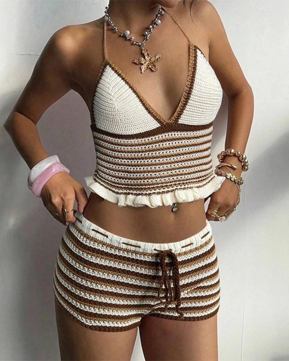 Crochet Cover Up Set with Striped Halter Top and Shorts for Women
