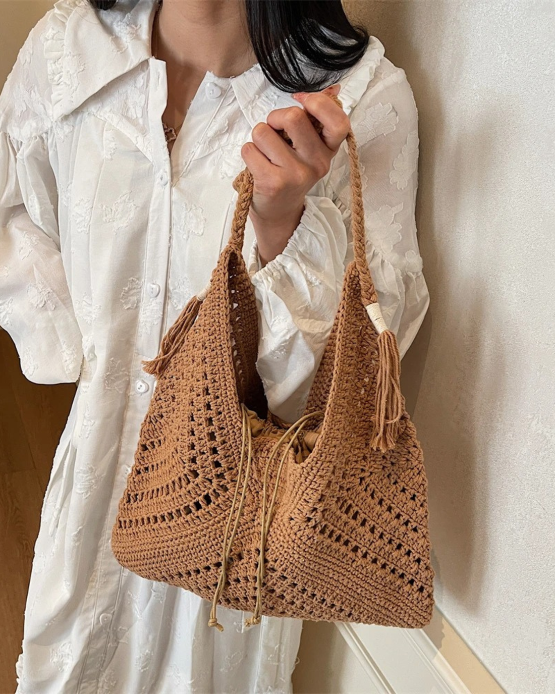 Boho Style Crochet Tote Bag with Tassel for Women
