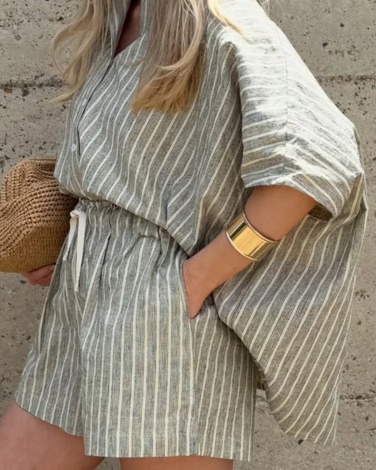 Striped Button Down Set with Shirt and Drawstring Shorts for Women