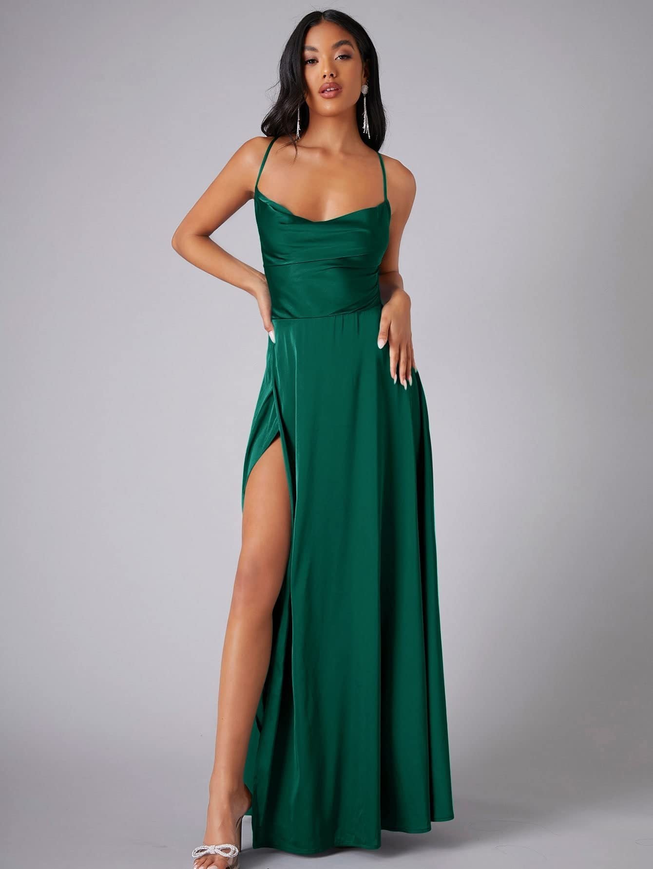 Satin Cowl Neck Backless Slit Maxi Dress for Women