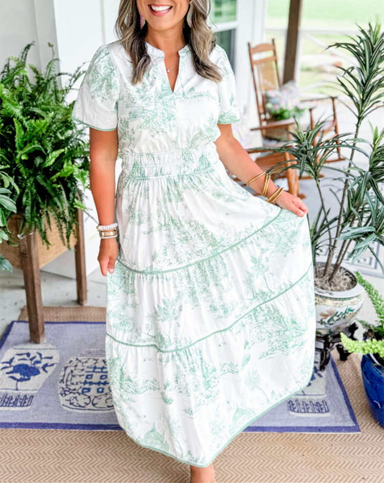 Toile Print Short Sleeve Wedding Guest Maxi Dress for Women