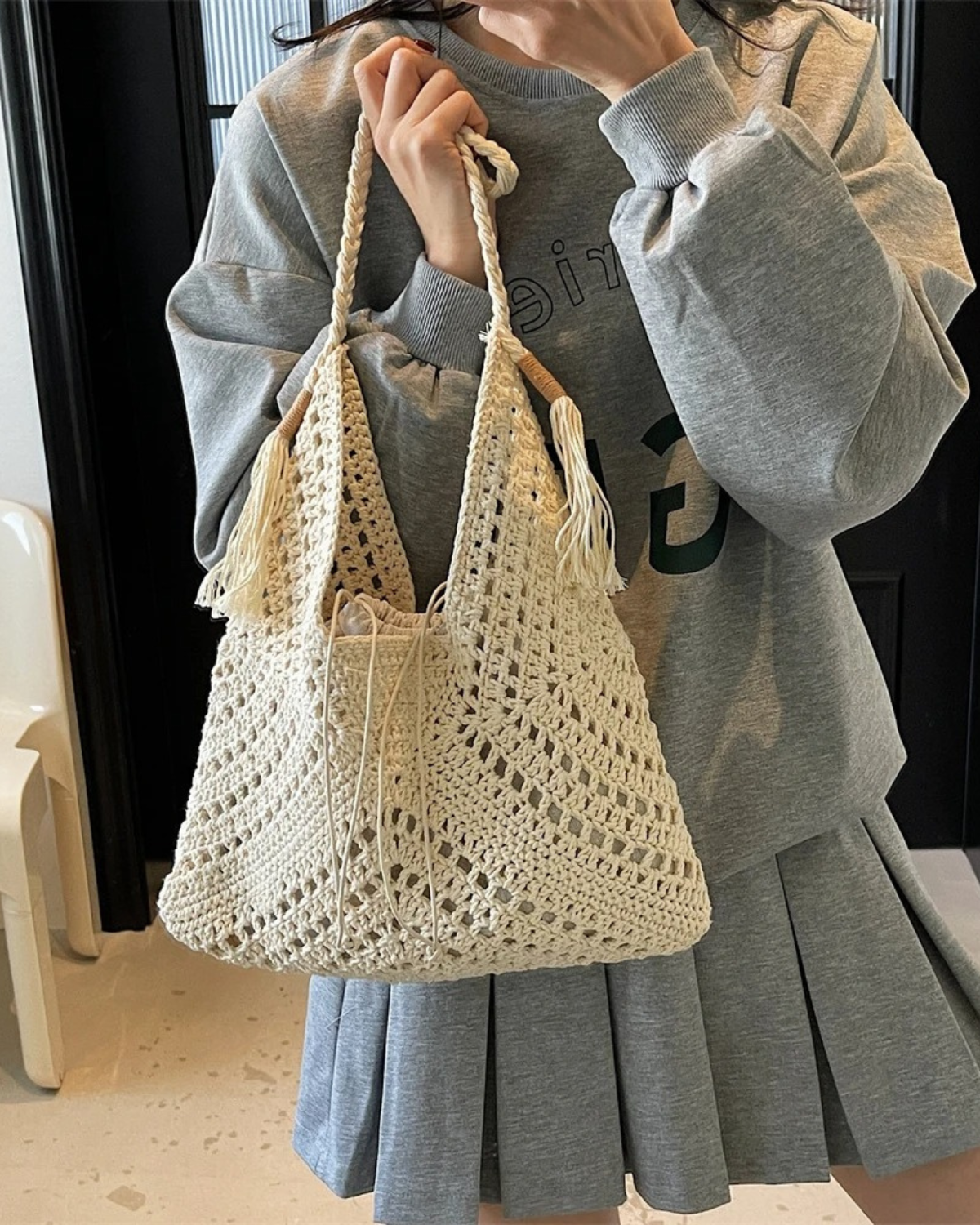 Boho Style Crochet Tote Bag with Tassel for Women