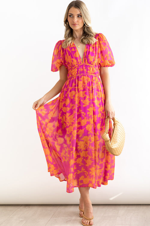 Wrap V-Neck Puff Sleeve Wedding Guest Maxi Dress for Women