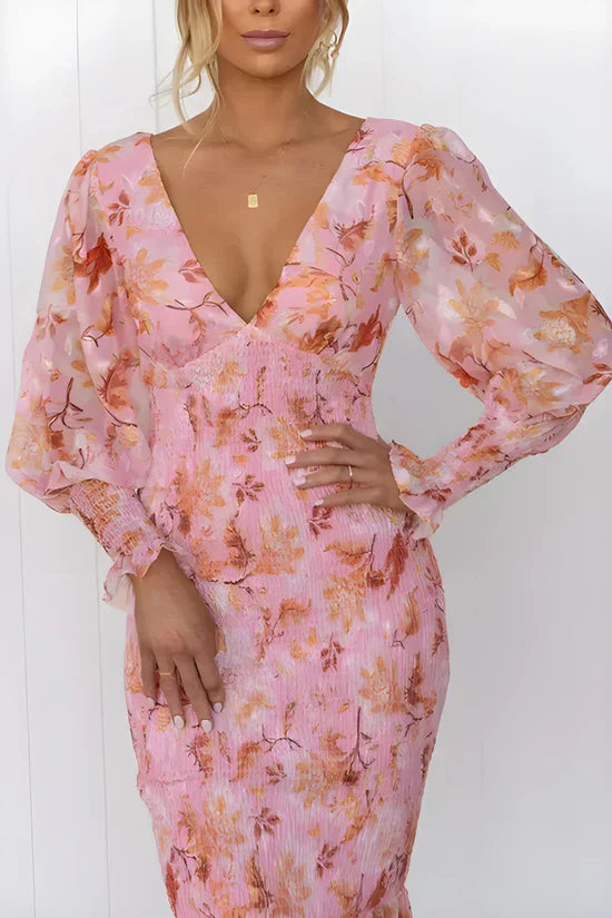 Floral Wrap V-Neck Midi Dress Wedding Guest for Women
