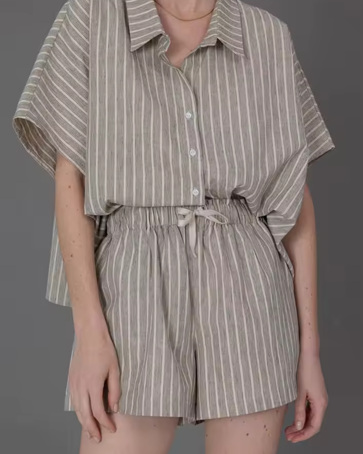 Striped Button Down Set with Shirt and Drawstring Shorts for Women