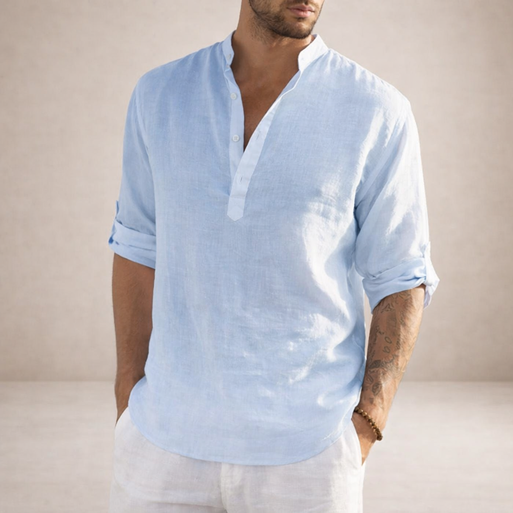 Linen Stand Collar Long Sleeve Shirt for Men