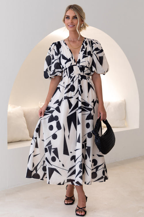 Wrap V-Neck Puff Sleeve Wedding Guest Maxi Dress for Women