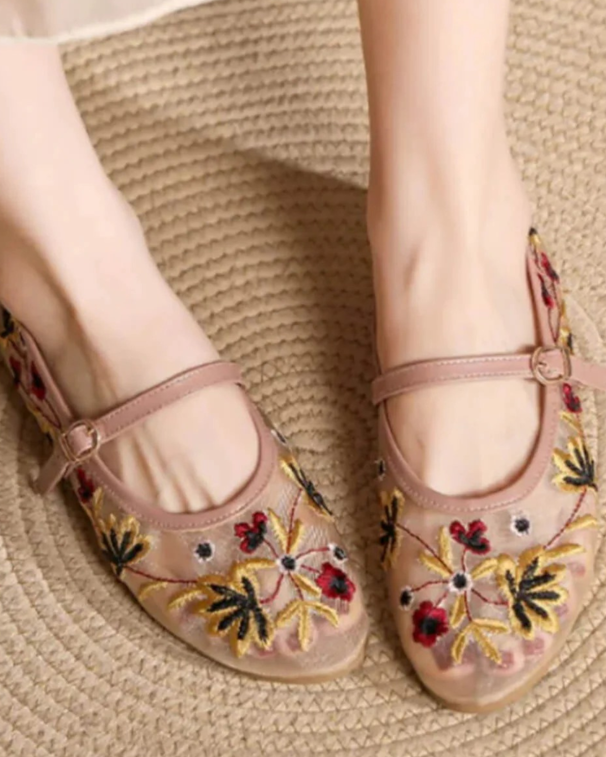 Ballet Flats with Floral Embroidery for Women