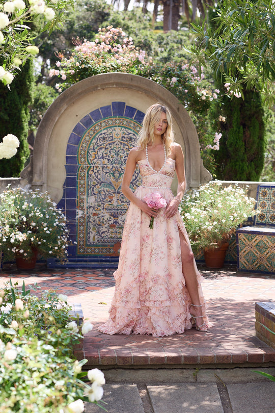 Halter Neck Floral Wedding Guest Maxi Dress for Women