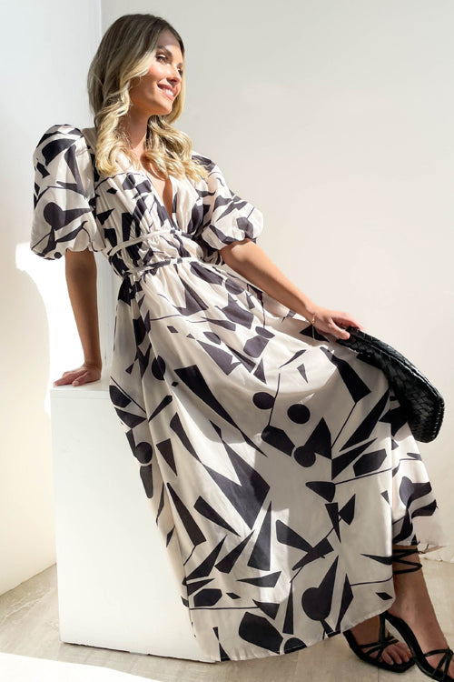 Wrap V-Neck Puff Sleeve Wedding Guest Maxi Dress for Women