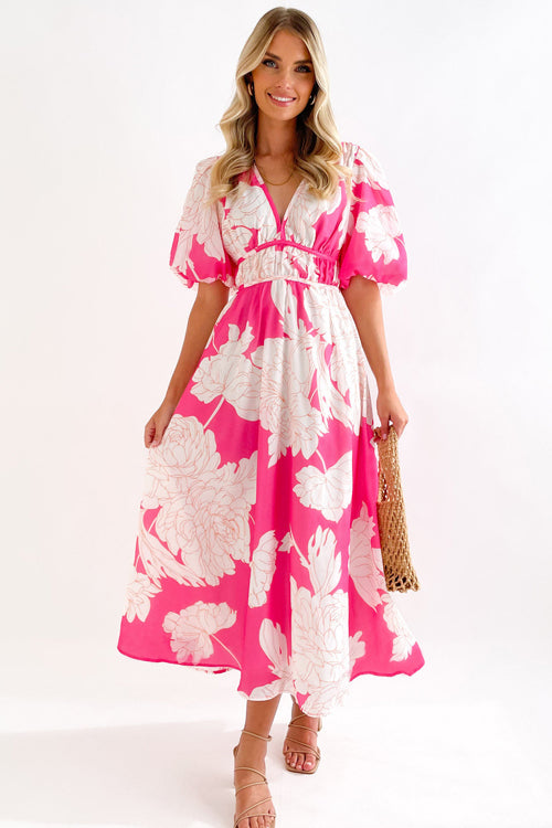 Wrap V-Neck Puff Sleeve Wedding Guest Maxi Dress for Women