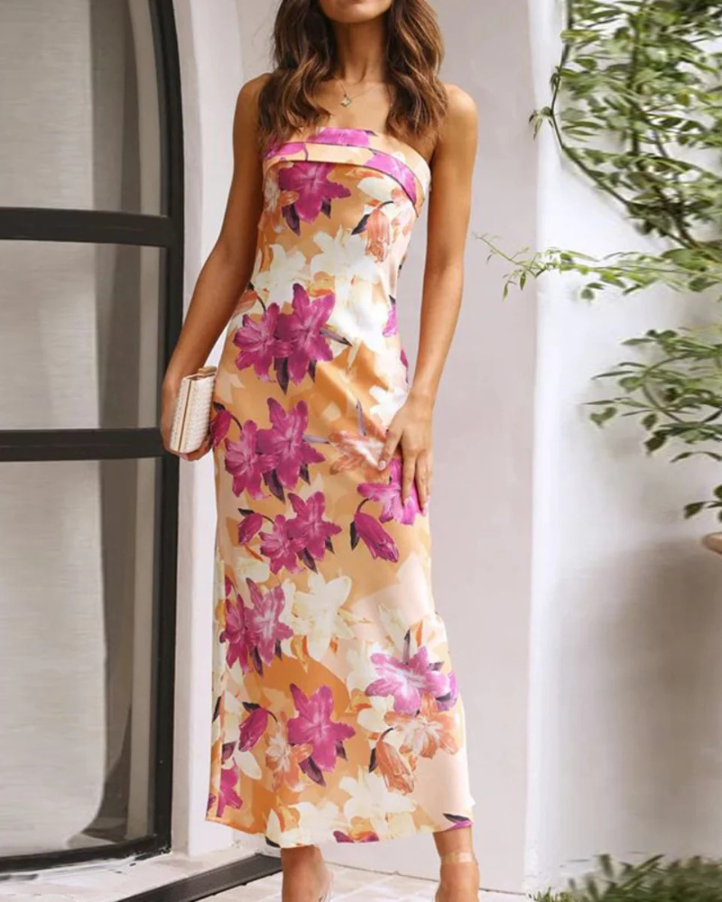 Strapless Floral Print Satin Dress for Women