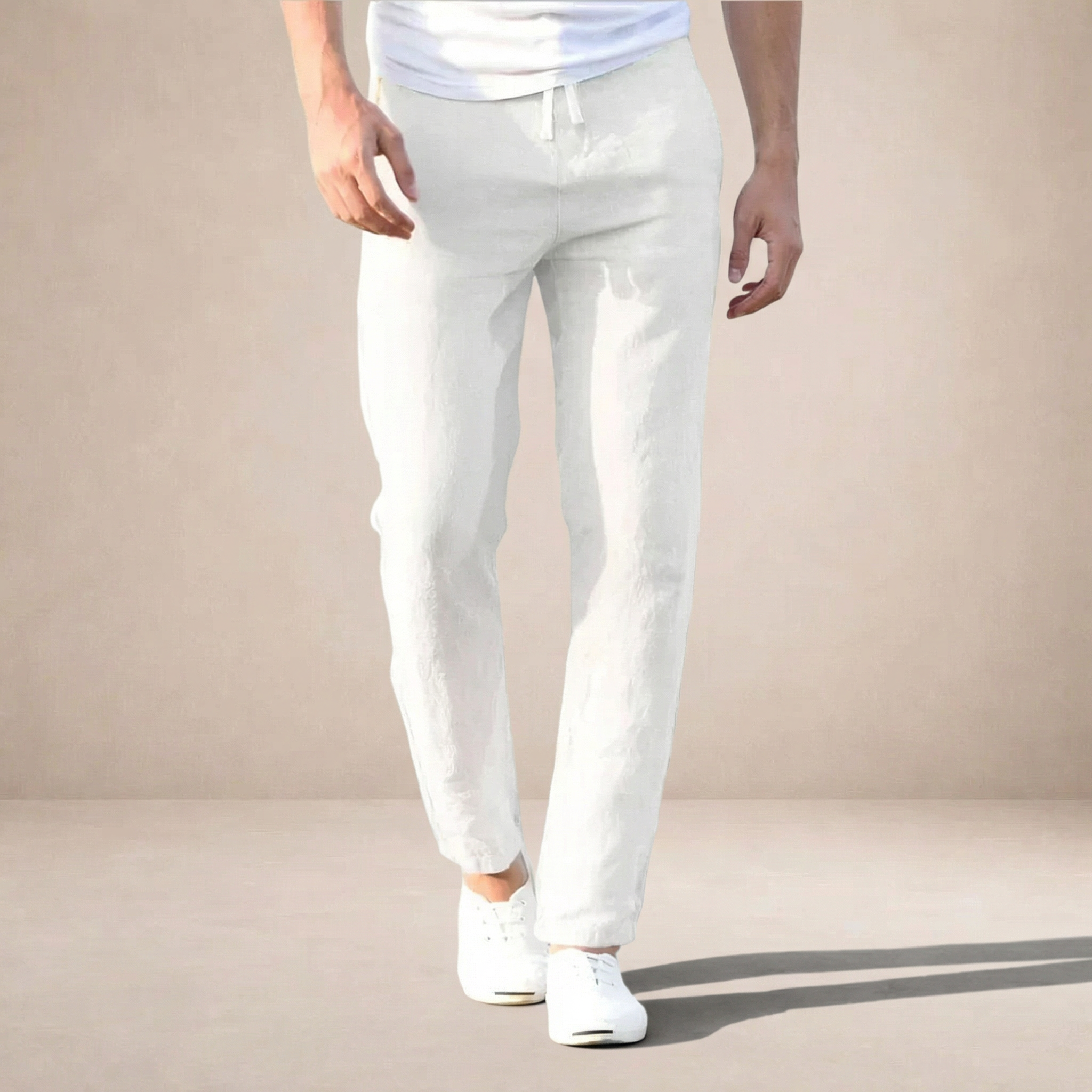 Linen Straight Leg Trousers with Elastic Waistband for Men