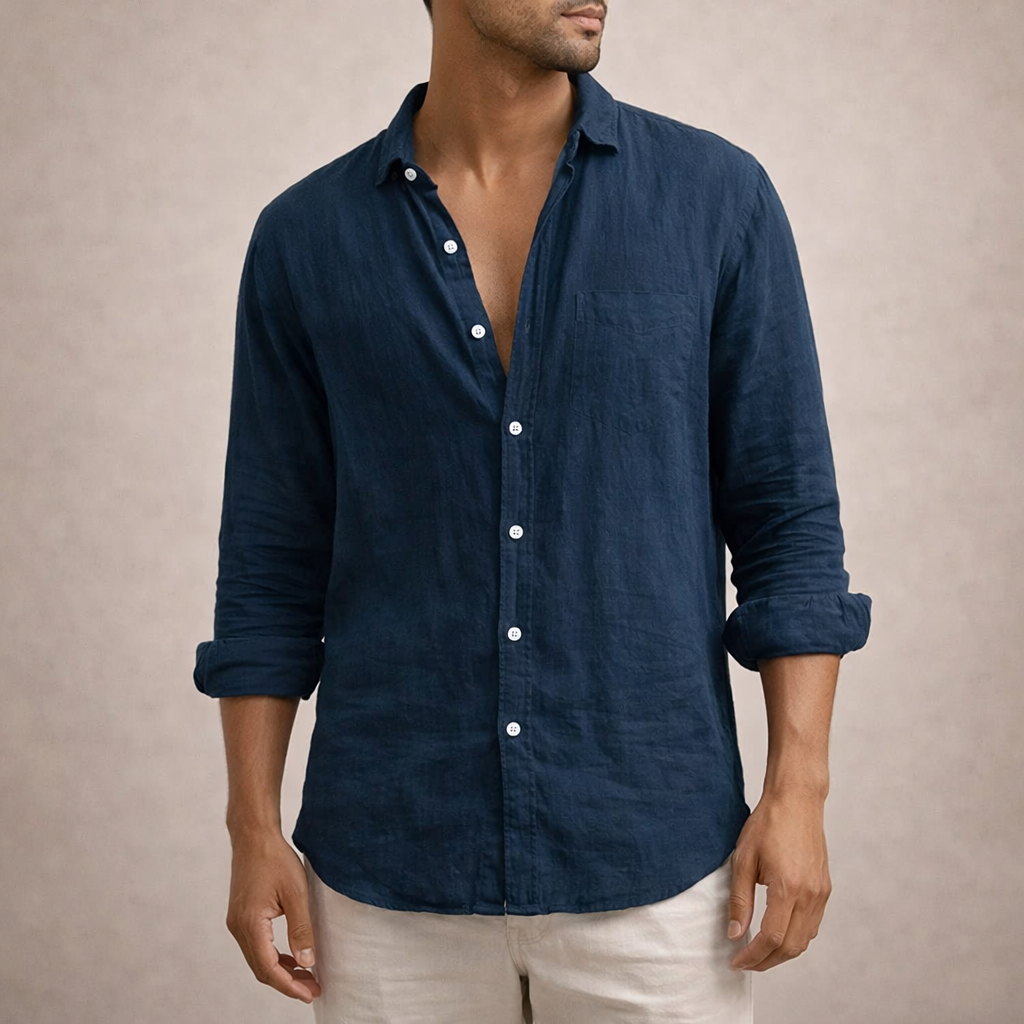 Linen Long Sleeve Shirt with Open Collar for Men