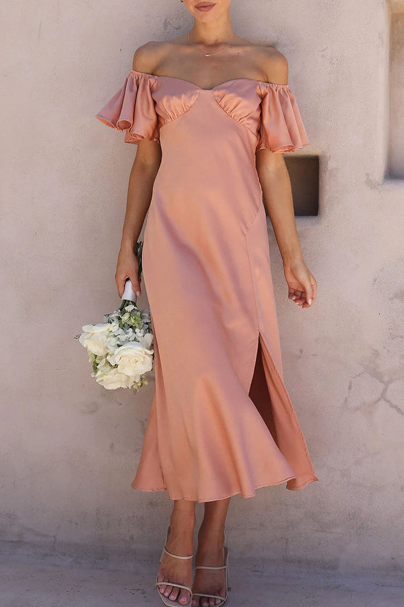 Satin Off Shoulder Ruffled Midi Dress for Women