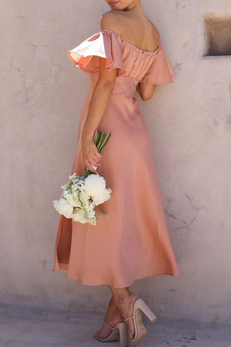 Satin Off Shoulder Ruffled Midi Dress for Women