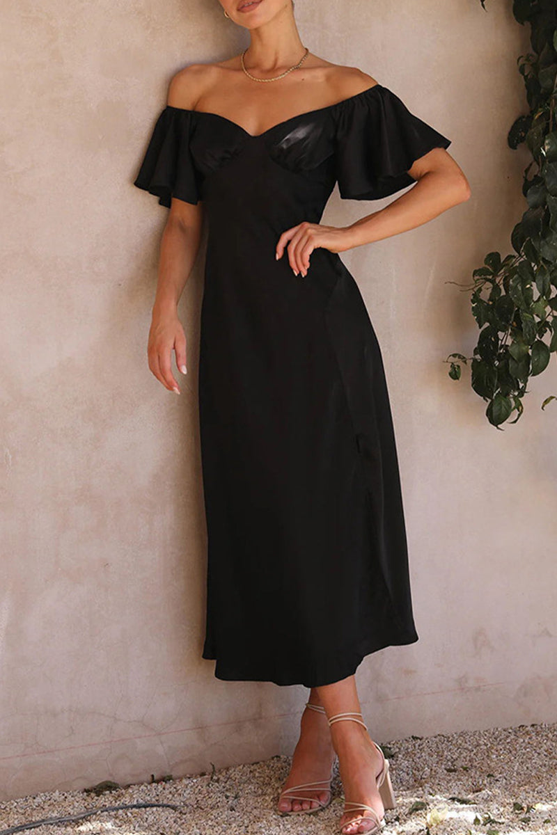 Satin Off Shoulder Ruffled Midi Dress for Women
