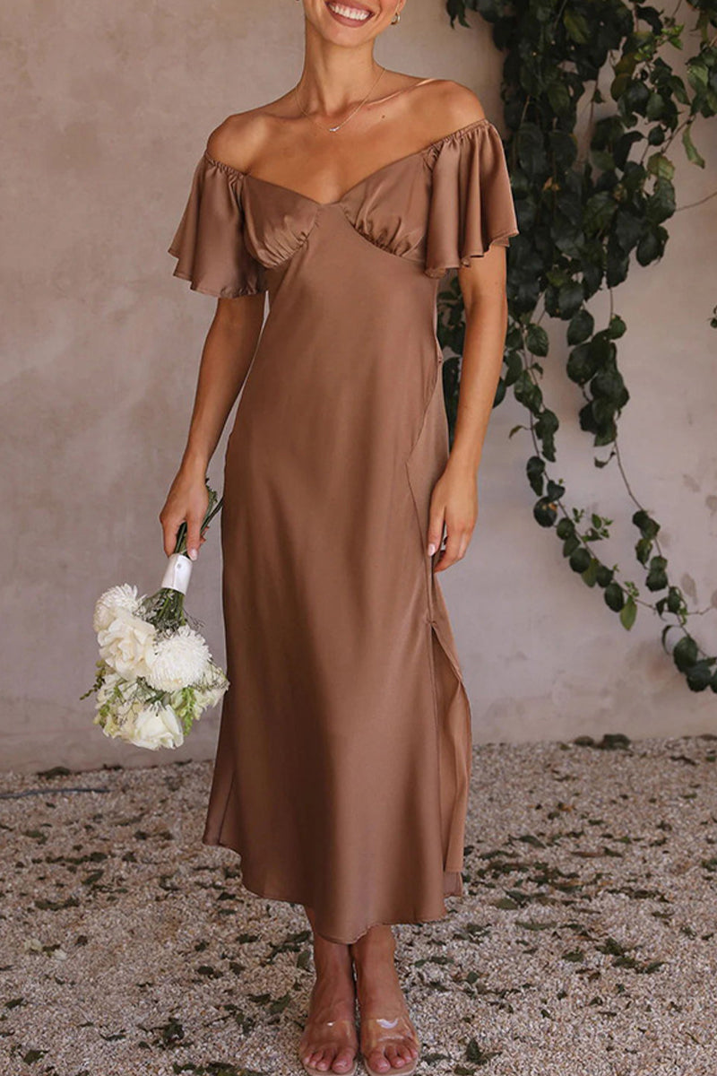 Satin Off Shoulder Ruffled Midi Dress for Women