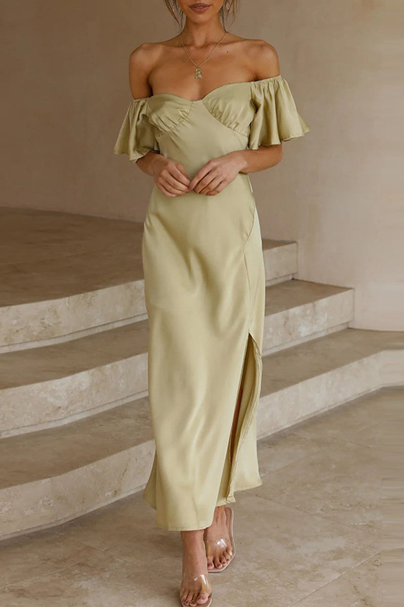 Satin Off Shoulder Ruffled Midi Dress for Women