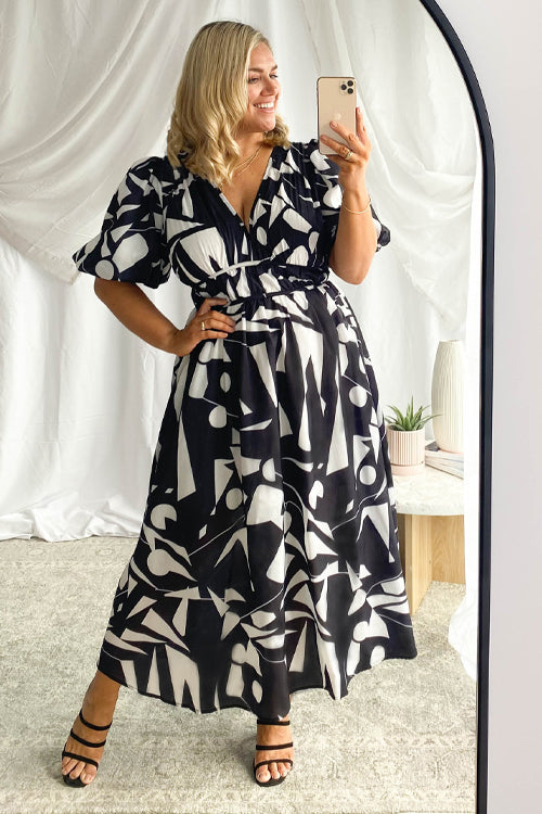 Wrap V-Neck Puff Sleeve Wedding Guest Maxi Dress for Women