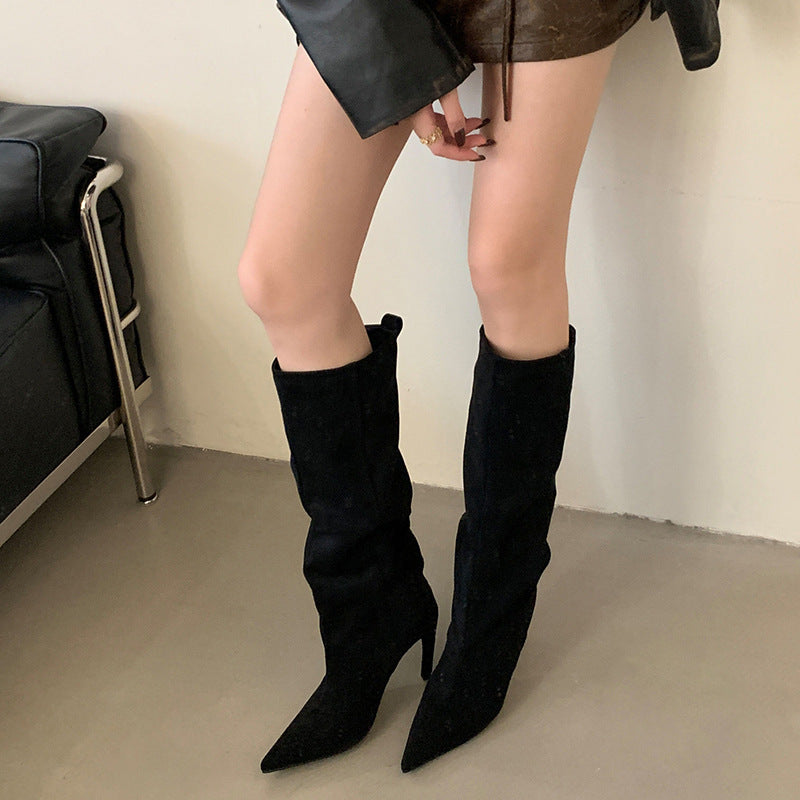 Suede Pointed Toe High Heel Slouch Boots for Women