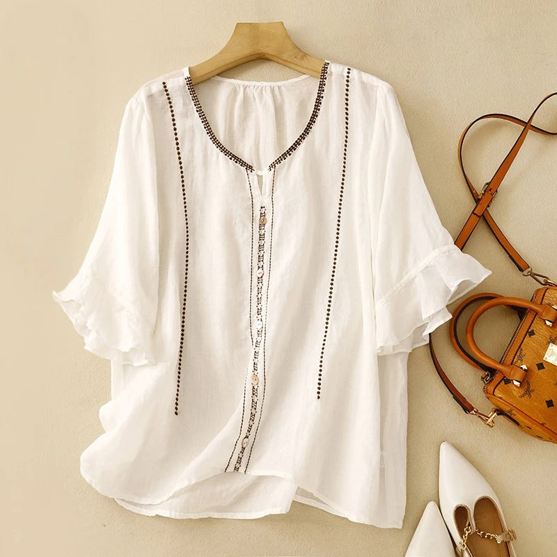 Embroidered Ruffle Sleeve Blouse for Women