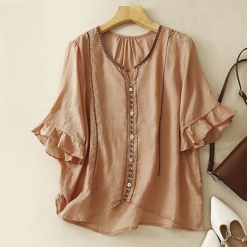 Embroidered Ruffle Sleeve Blouse for Women