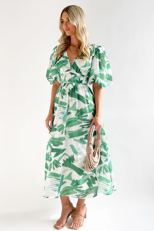 Wrap V-Neck Puff Sleeve Wedding Guest Maxi Dress for Women