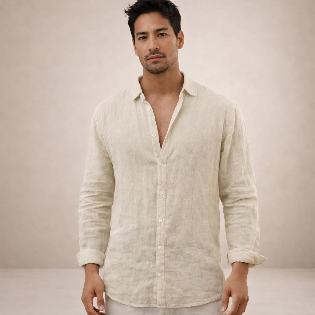 Linen Long Sleeve Shirt with Open Collar for Men