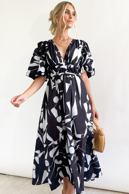 Wrap V-Neck Puff Sleeve Wedding Guest Maxi Dress for Women