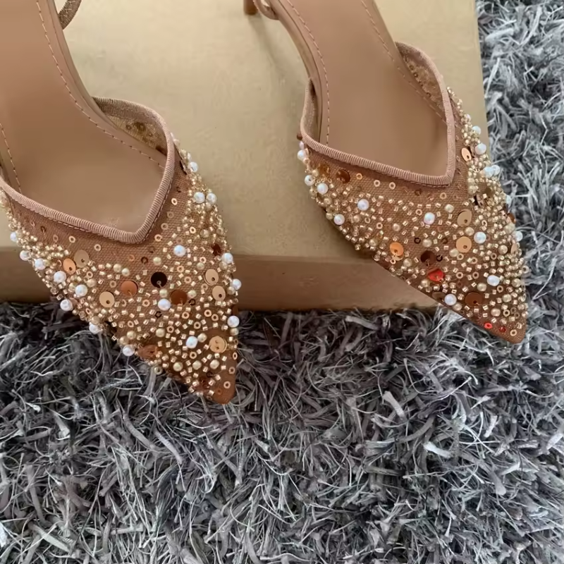 Slingback Heels with Pointed Toe and Embellishments for Women