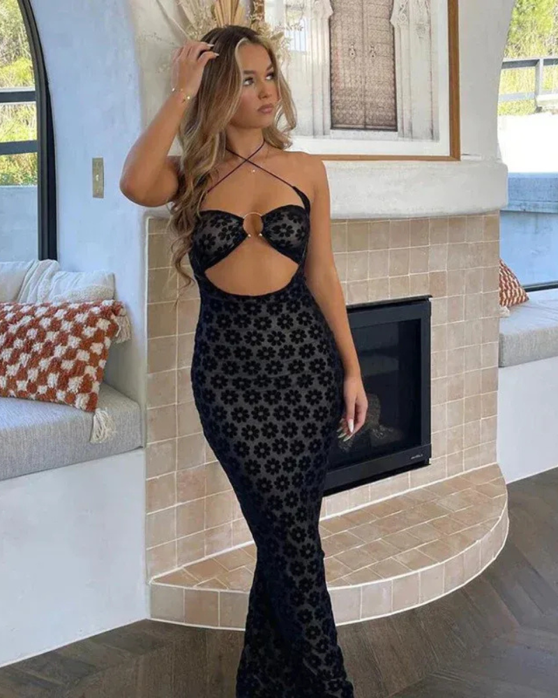 Backless Floral Mesh Maxi Dress for Women