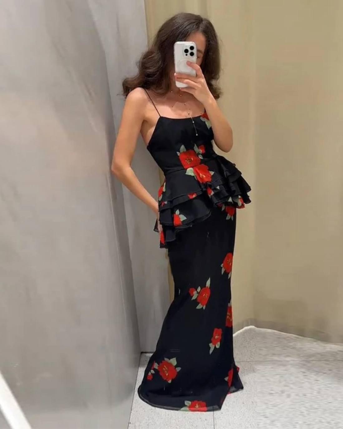 Floral Two Piece Set with Ruffle Top and Maxi Skirt for Women