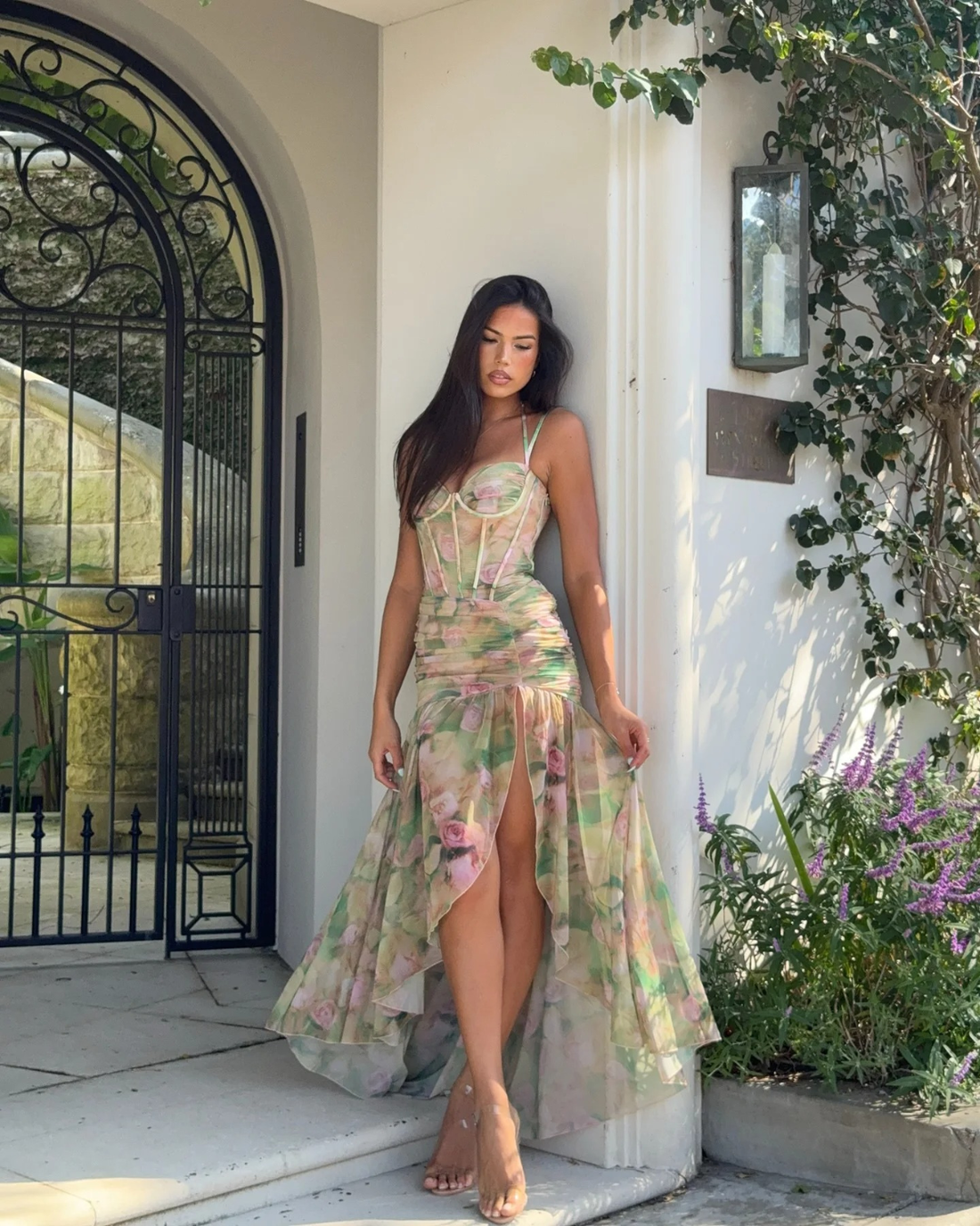 Floral Mesh Corset Maxi Dress with Slit for Women