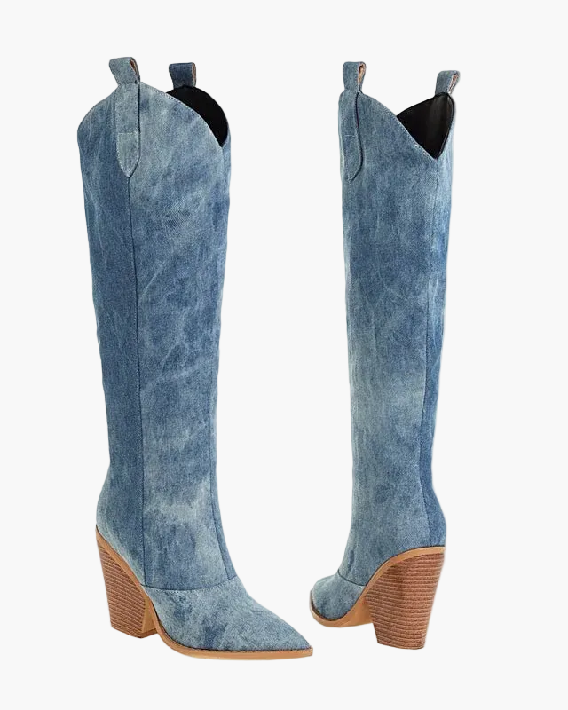 Denim Knee High Western Boots for Women