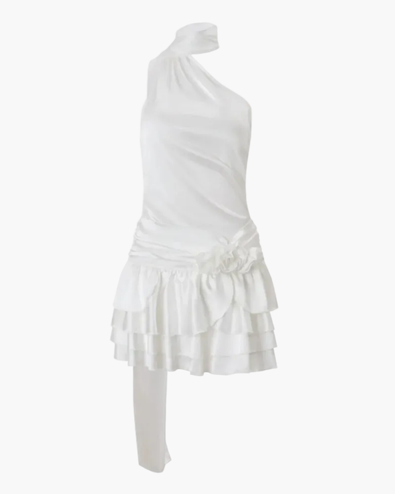 One Shoulder Satin Mini Dress with Ruffle Hem for Women