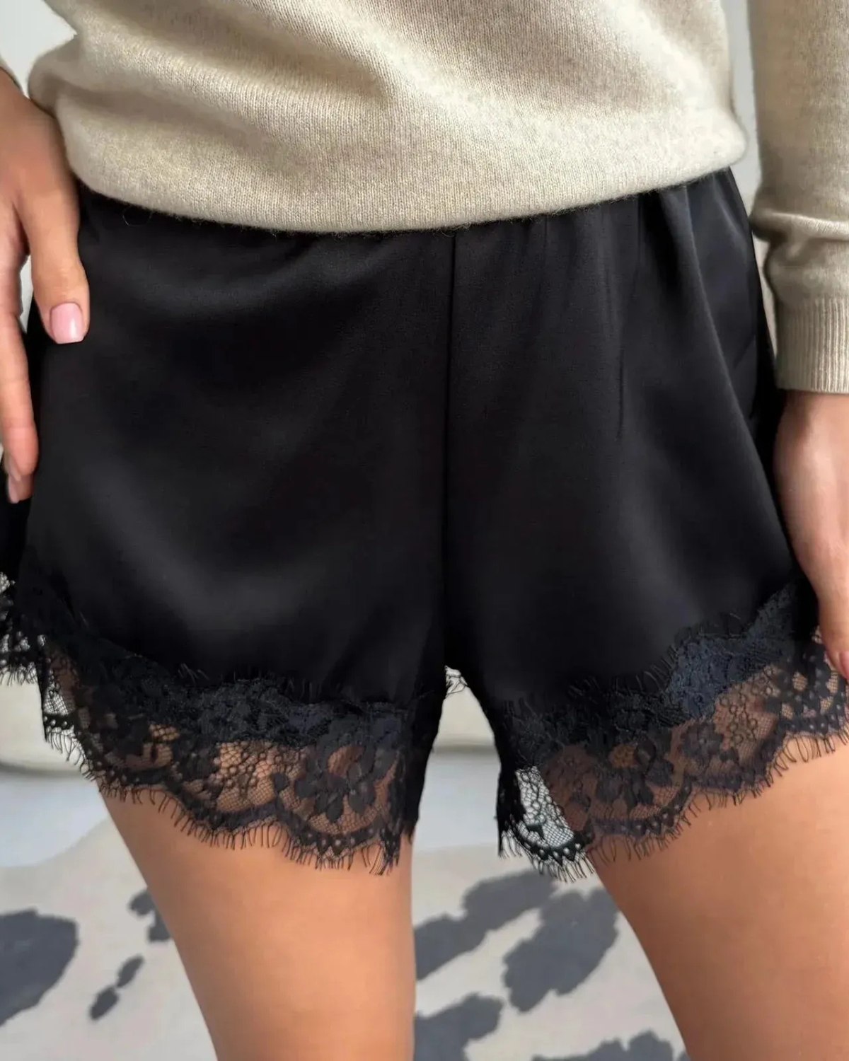 Satin Shorts with Scalloped Lace Hem for Women