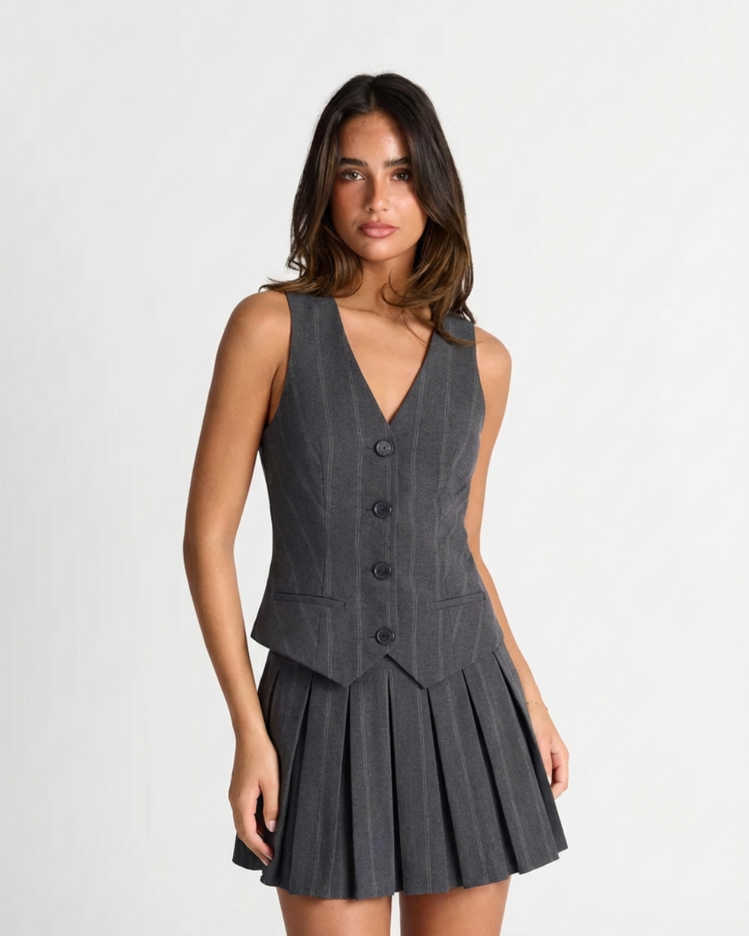 Pleated Two Piece Gilet and Mini Dress Set for Women