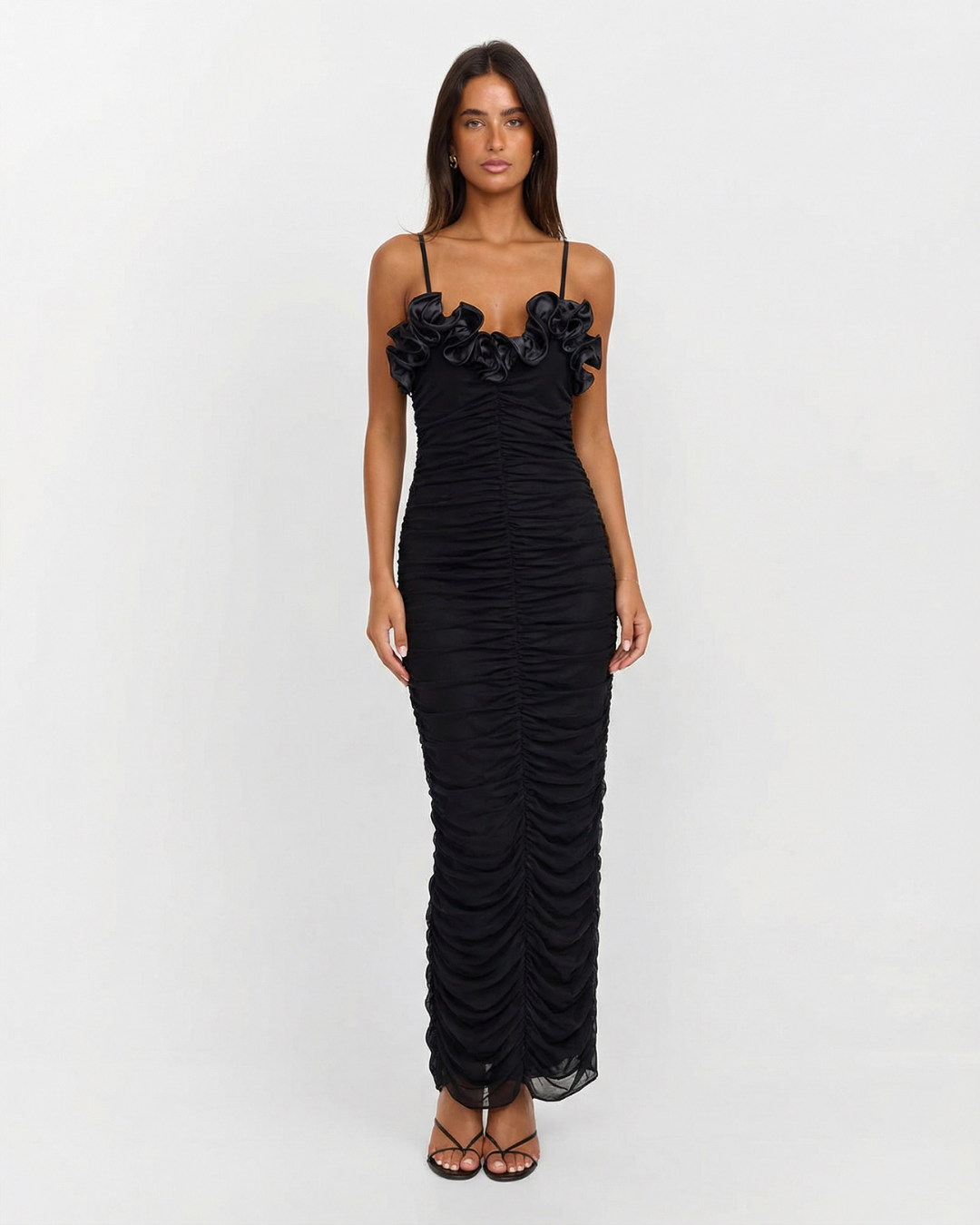 Ruched Maxi Dress with Ruffled Neckline for Women