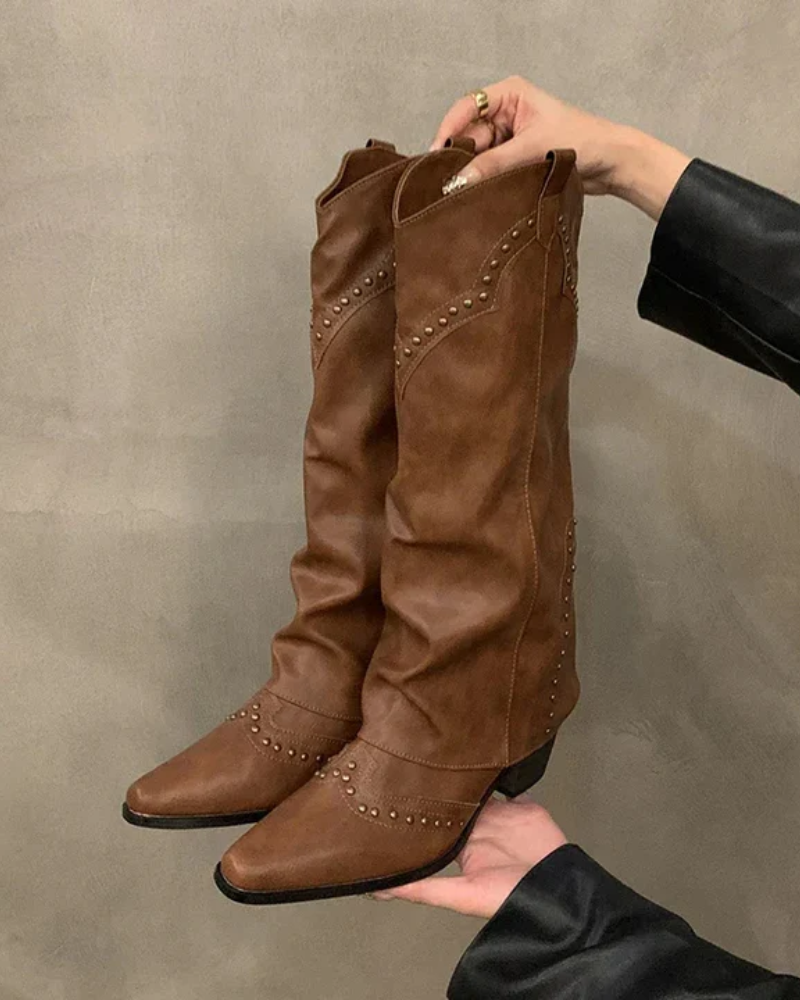 Faux Leather Studded Cowboy Boots for Women
